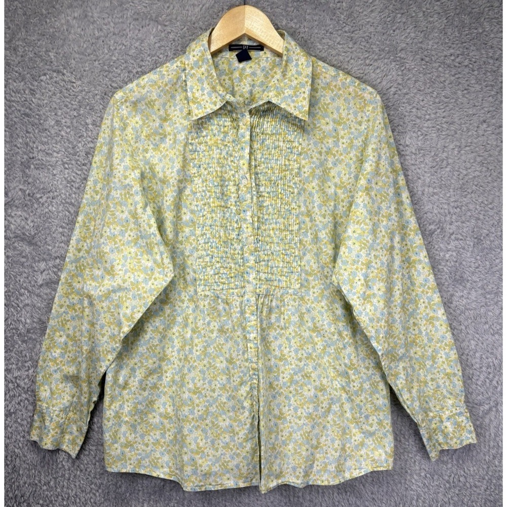 Gap Women XL Vintage Floral Print Button Up Top Pintuck Yellow Blue Boho Peasant